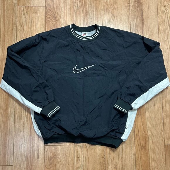 Vintage 90s Nike Pullover Jacket Center Swoosh Logo Size M Black Double Lined - Picture 1 of 6